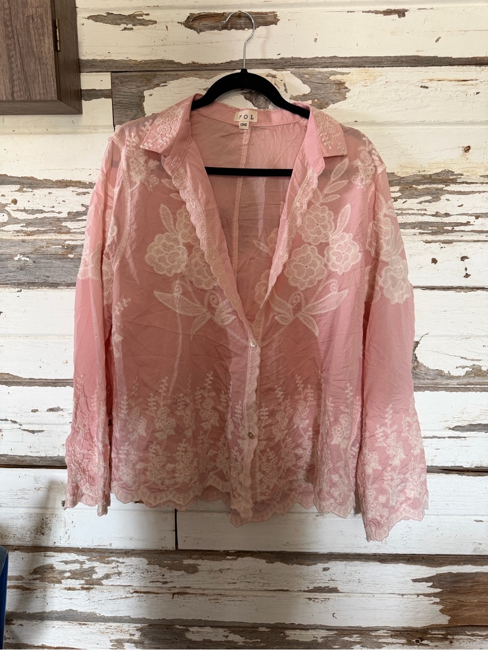POL Pink Sheer Lace-Embroidered Button Shirt Jacket